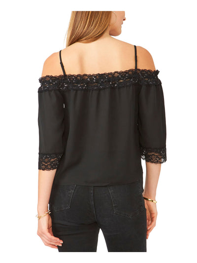 28TH & PARK Womens Black Ruffled Short Length Elbow Sleeve Spaghetti Strap Off Shoulder Party Top XS