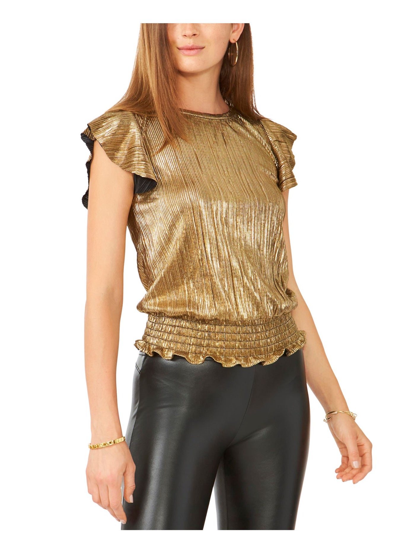 28TH & PARK Womens Gold Ribbed Smocked Hem Flutter Sleeve Jewel Neck Party Top Juniors XS