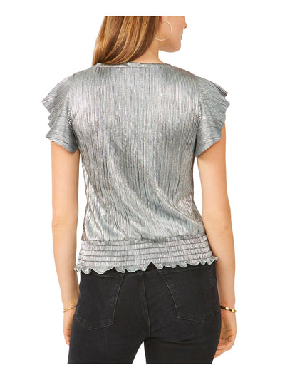 28TH & PARK Womens Silver Ribbed Metallic Smocked Hem Flutter Sleeve Jewel Neck Party Top Juniors M