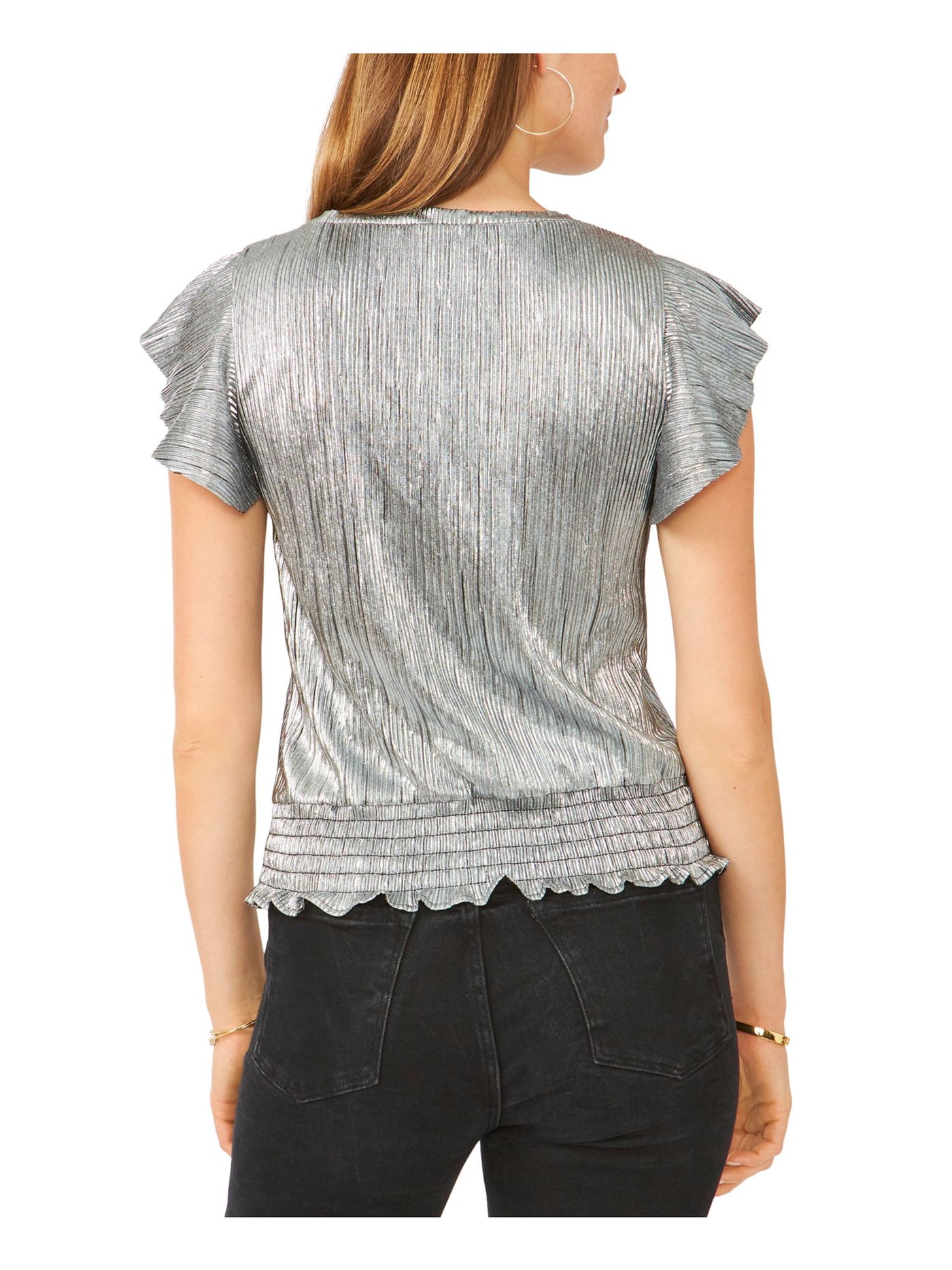 28TH & PARK Womens Silver Ribbed Metallic Smocked Hem Flutter Sleeve Jewel Neck Party Top M