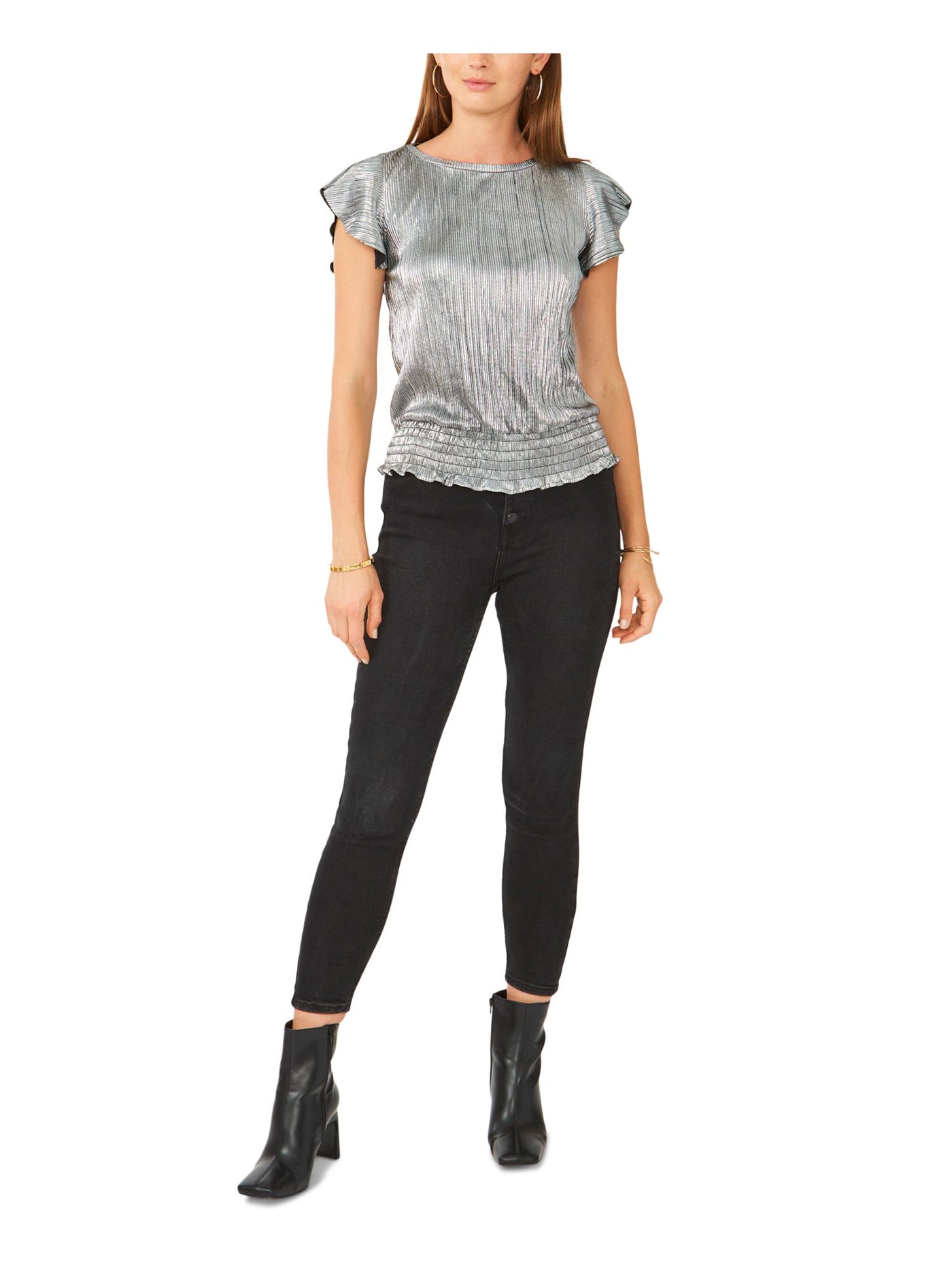 28TH & PARK Womens Silver Ribbed Metallic Smocked Hem Flutter Sleeve Jewel Neck Party Top L