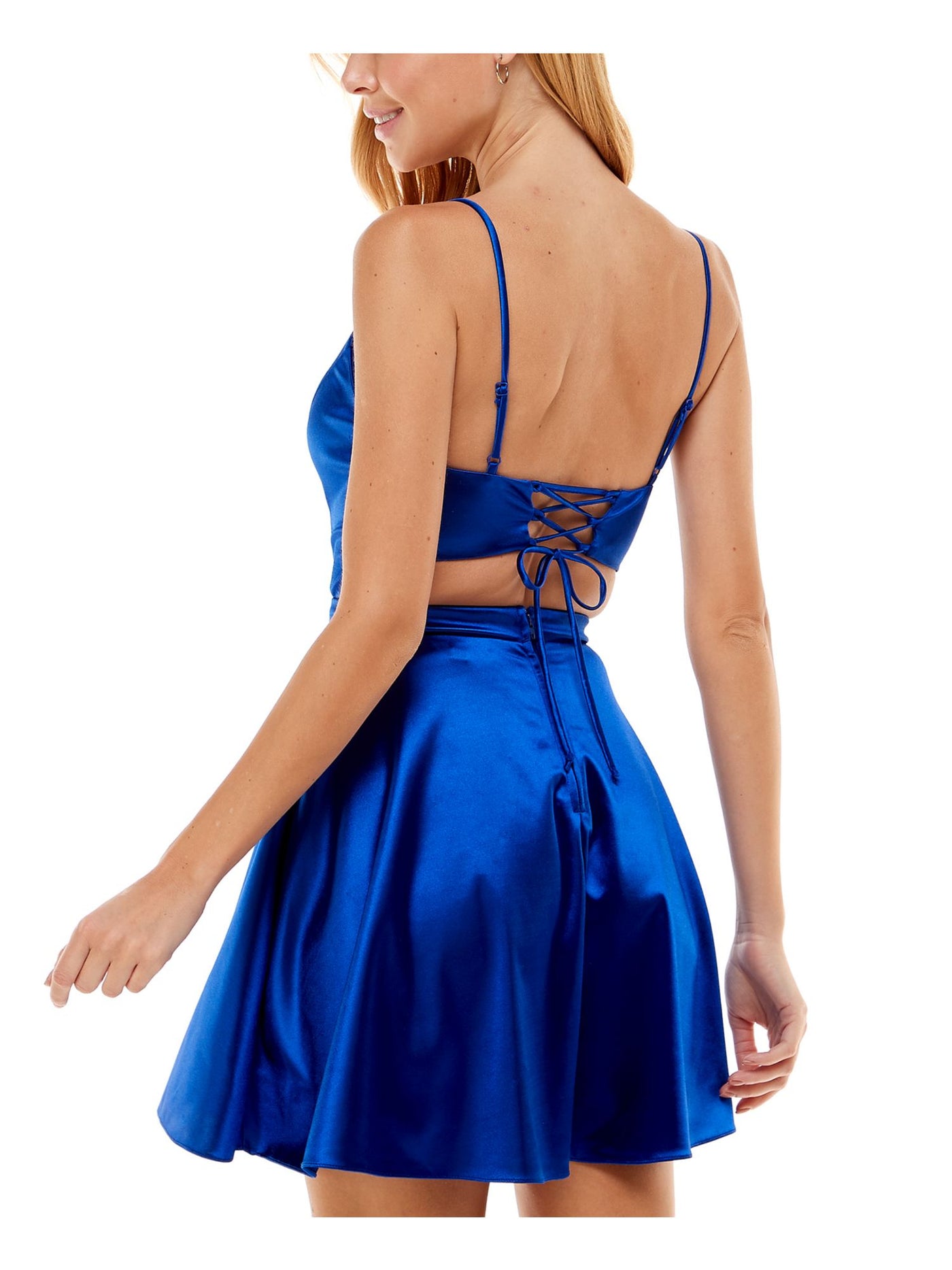 CITY STUDIO Womens Zippered Lace-up Back Adjustable Sleeveless V Neck Short Party Fit + Flare Dress