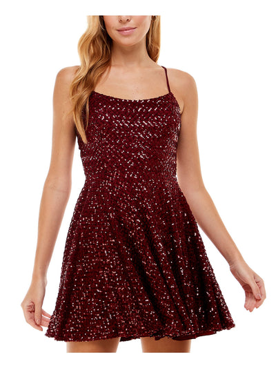 CITY STUDIO Womens Maroon Sequined Zippered Lace Up Tie Back Spaghetti Strap Scoop Neck Short Party Fit + Flare Dress 5