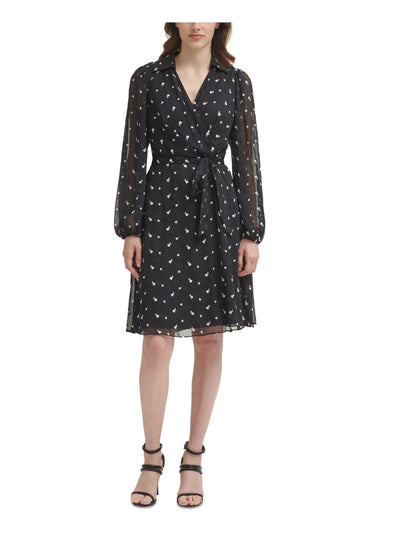 DKNY Womens Black Belted Sheer Lined Floral Long Sleeve Surplice Neckline Above The Knee Evening Faux Wrap Dress 6