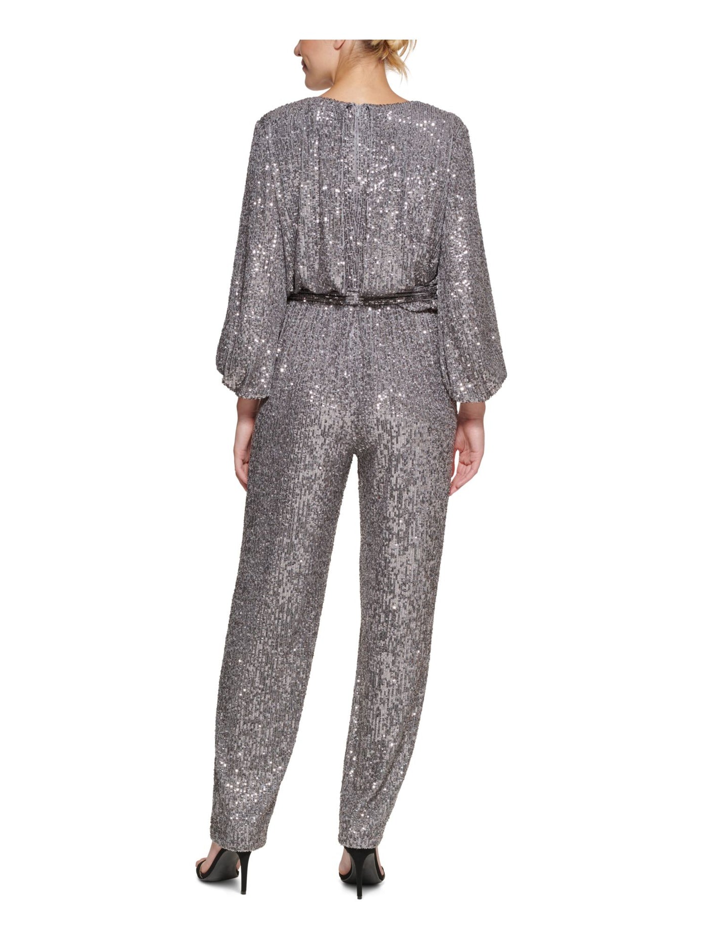 ELIZA J Womens Gray Stretch Sequined Zippered Belted Balloon Sleeve Surplice Neckline Evening Jumpsuit 2