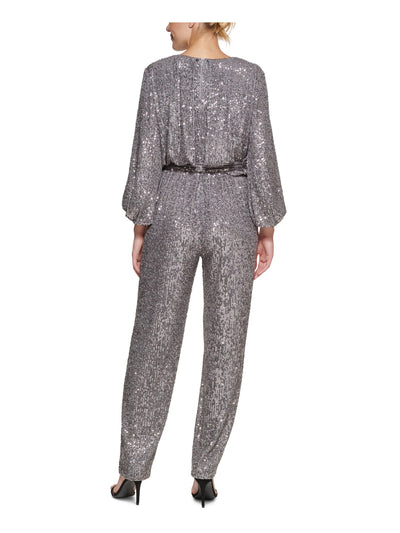 ELIZA J Womens Gray Stretch Sequined Zippered Belted Balloon Sleeve Surplice Neckline Evening Jumpsuit 4