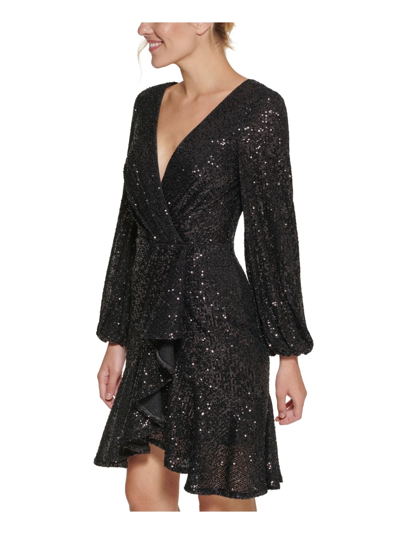 ELIZA J Womens Black Stretch Sequined Zippered Gathered Ruffled Long Sleeve Surplice Neckline Above The Knee Party Faux Wrap Dress 2