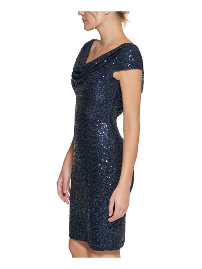 VINCE CAMUTO Womens Navy Sequined Lined Short Sleeve Cowl Neck Above The Knee Cocktail Body Con Dress 6