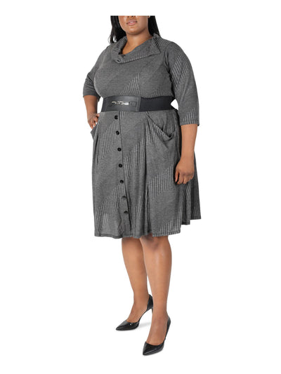 SIGNATURE BY ROBBIE BEE Womens Gray Knit Belted Pocketed Button Striped 3/4 Sleeve Cowl Neck Knee Length Wear To Work Fit + Flare Dress Plus 1X