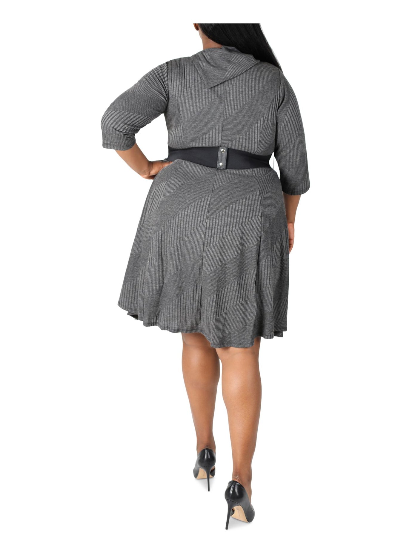 SIGNATURE BY ROBBIE BEE Womens Gray Knit Belted Pocketed Button Striped 3/4 Sleeve Cowl Neck Knee Length Wear To Work Fit + Flare Dress Plus 1X