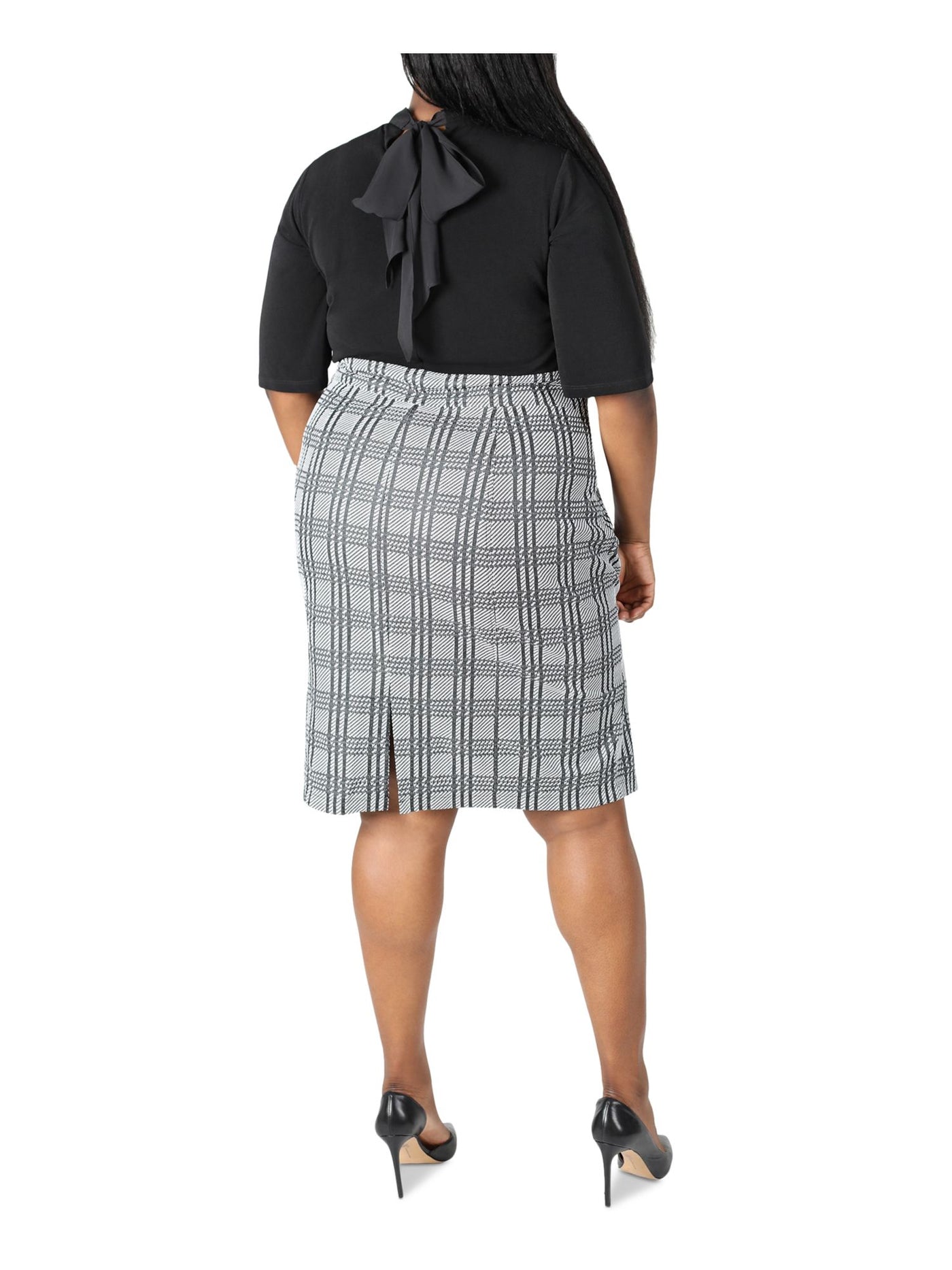 ROBBIE BEE Womens Black Knit Belted Tie Houndstooth Elbow Sleeve Mock Neck Knee Length Wear To Work Dress Plus 2X