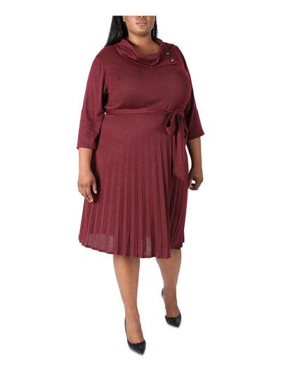 ROBBIE BEE Womens Knit Pleated Belted Button 3/4 Sleeve Cowl Neck Below The Knee Wear To Work Sheath Dress