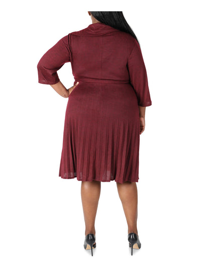 SIGNATURE BY ROBBIE BEE Womens Maroon Knit Pleated Belted Button Heather 3/4 Sleeve Cowl Neck Below The Knee Wear To Work Sheath Dress Plus 2X