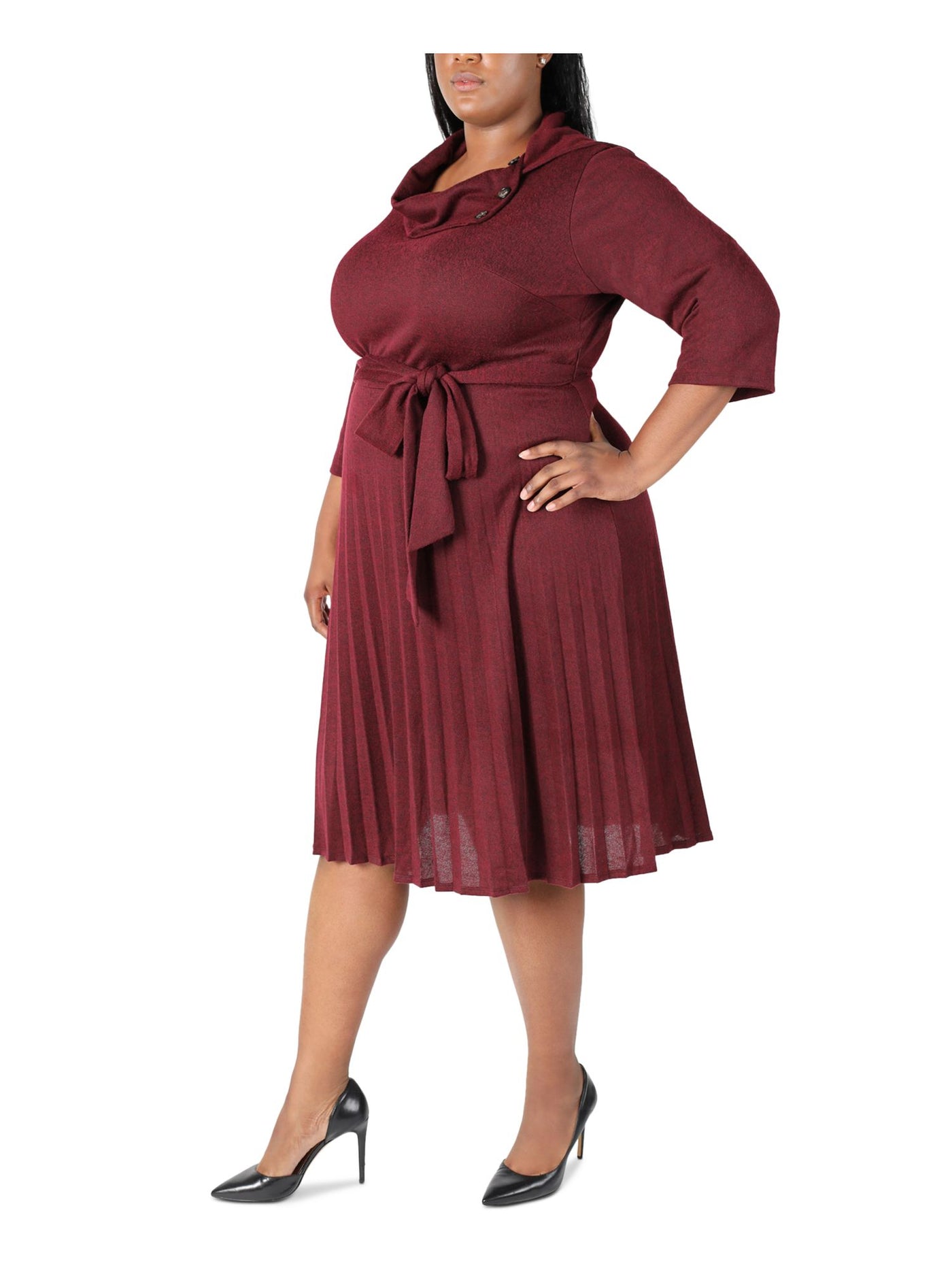 ROBBIE BEE Womens Burgundy Knit Pleated Belted Button Heather 3/4 Sleeve Cowl Neck Below The Knee Wear To Work Sheath Dress Plus 1X