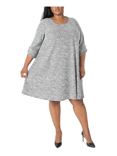 SIGNATURE BY ROBBIE BEE Womens Textured Attached Necklace Roll-tab Sleeve Scoop Neck Above The Knee Wear To Work Shift Dress