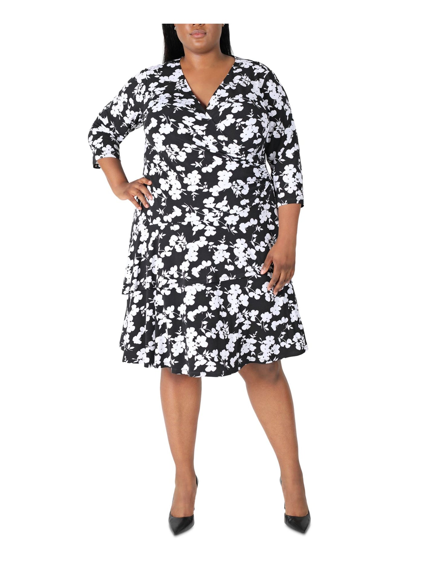 SIGNATURE BY ROBBIE BEE Womens Black Stretch Ruffled Floral Elbow Sleeve Surplice Neckline Knee Length Wear To Work Shift Dress Plus 1X