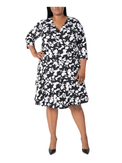 SIGNATURE BY ROBBIE BEE Womens Black Stretch Ruffled Floral Elbow Sleeve Surplice Neckline Knee Length Wear To Work Shift Dress Plus 1X