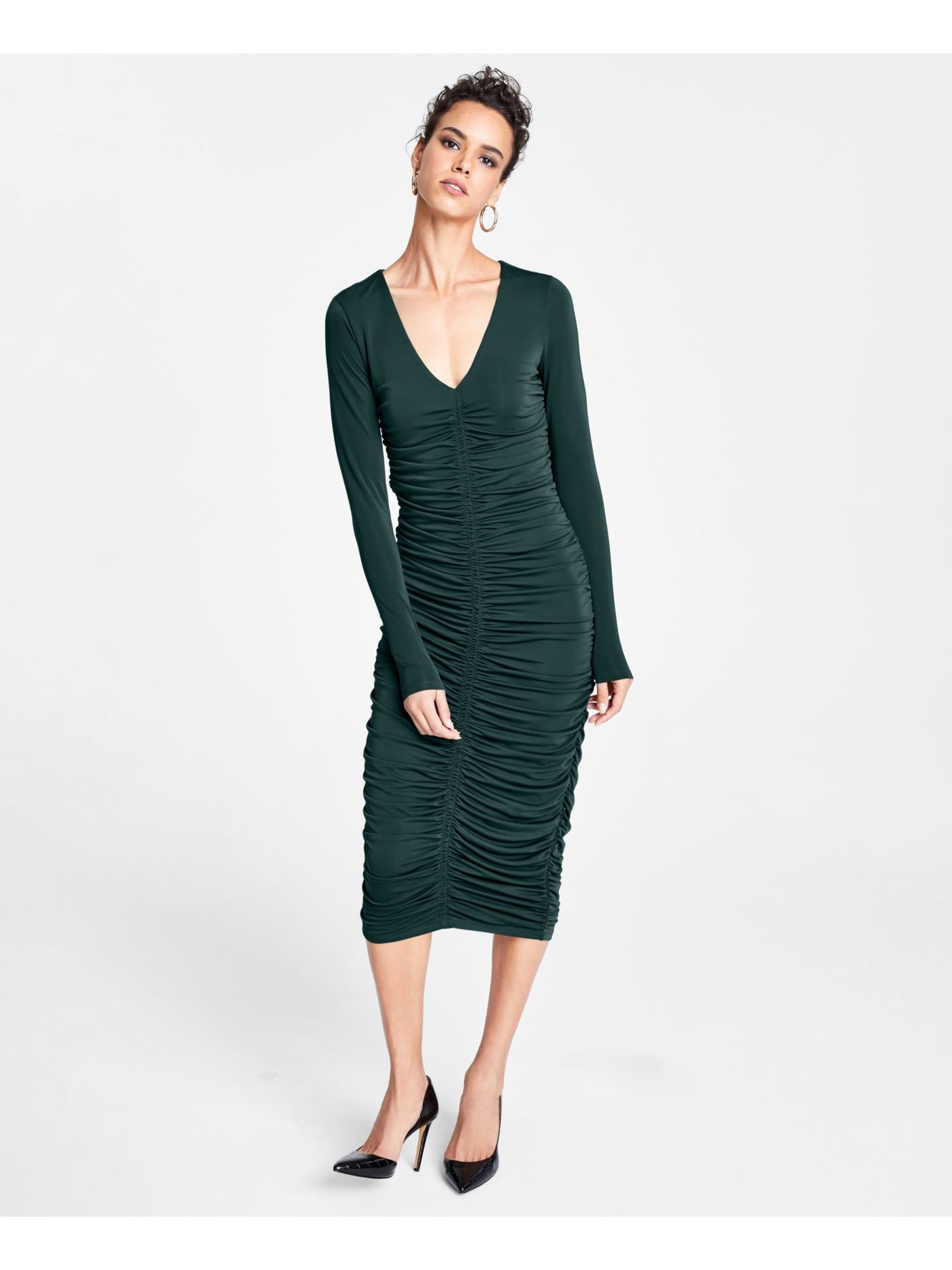 INC Womens Green Stretch Ruched Zippered Lined Long Sleeve V Neck Midi Cocktail Body Con Dress M