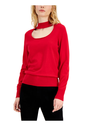 INC Womens Red Cut Out Fitted Rib-knit Trim Long Sleeve Mock Neck Sweater M