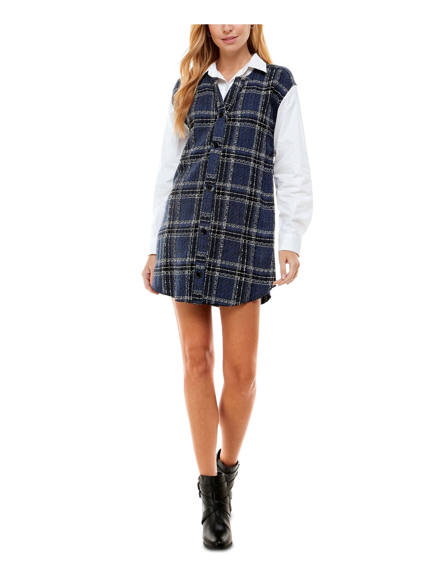 CITY STUDIO Womens Gray Plaid Long Sleeve Collared Mini Shirt Dress M