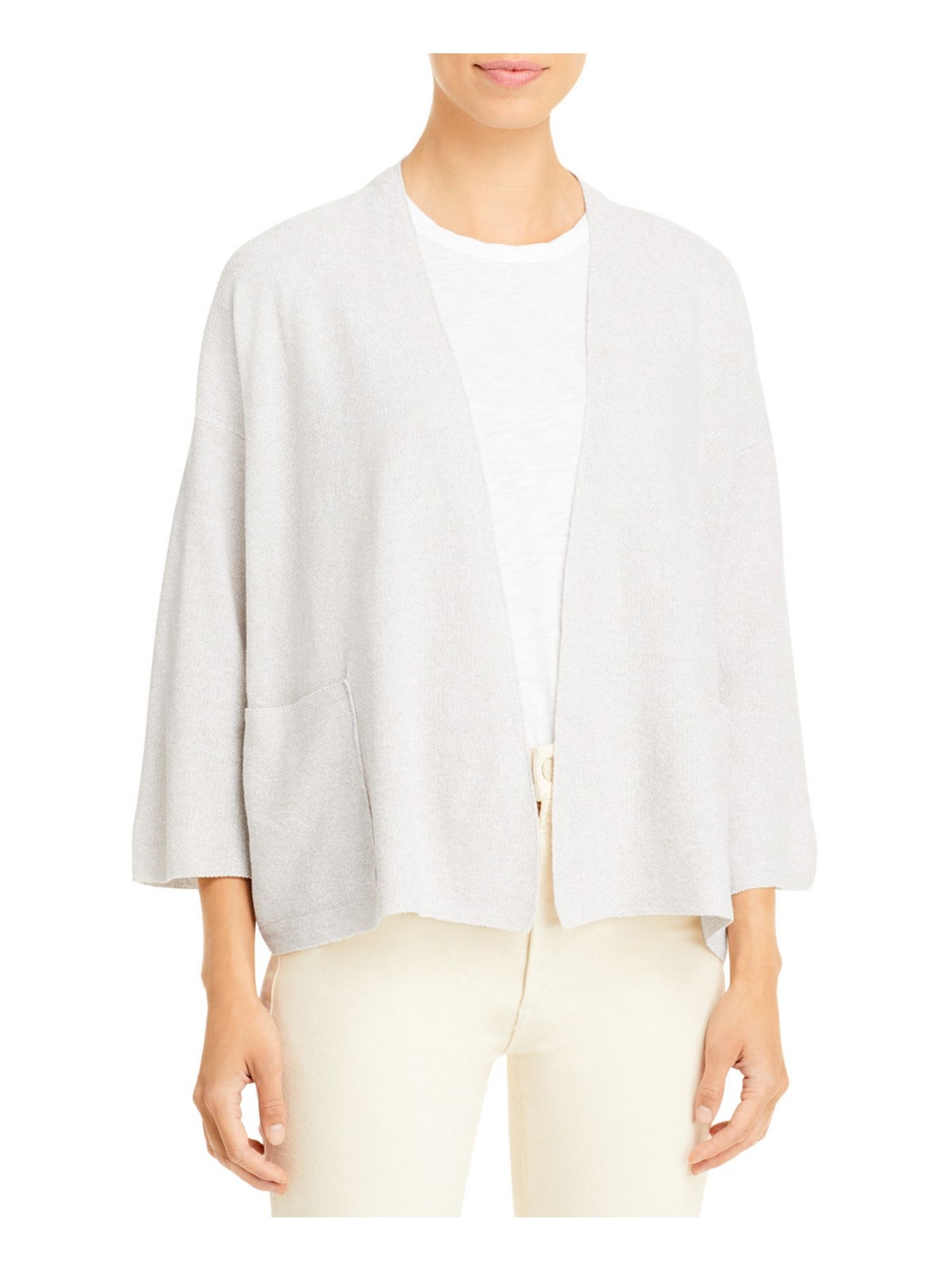 EILEEN FISHER Womens Beige Pocketed Textured Oversized Fit Cardigan 3/4 Sleeve Open Front Wear To Work Sweater M