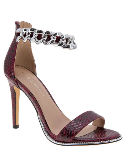 BCBGENERATION Womens Burgundy Snake Stretch Ankle Strap Chain Detail Padded Metallic Jadia Round Toe Stiletto Zip-Up Dress Sandals Shoes 8.5