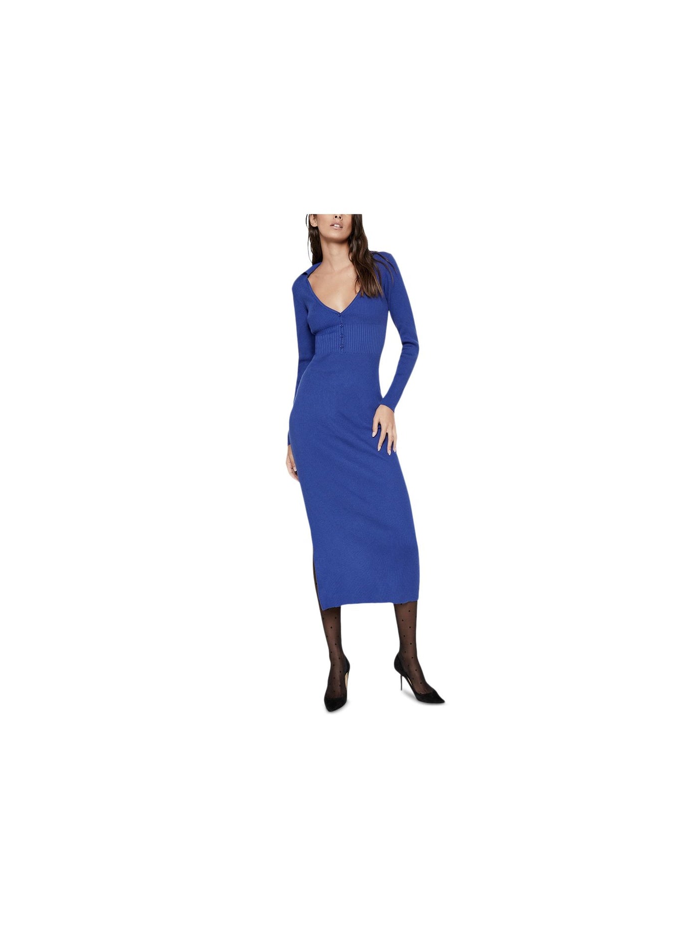 BARDOT Womens Blue Knit Slitted Ribbed Button Front Collared Long Sleeve V Neck Midi Evening Body Con Dress M