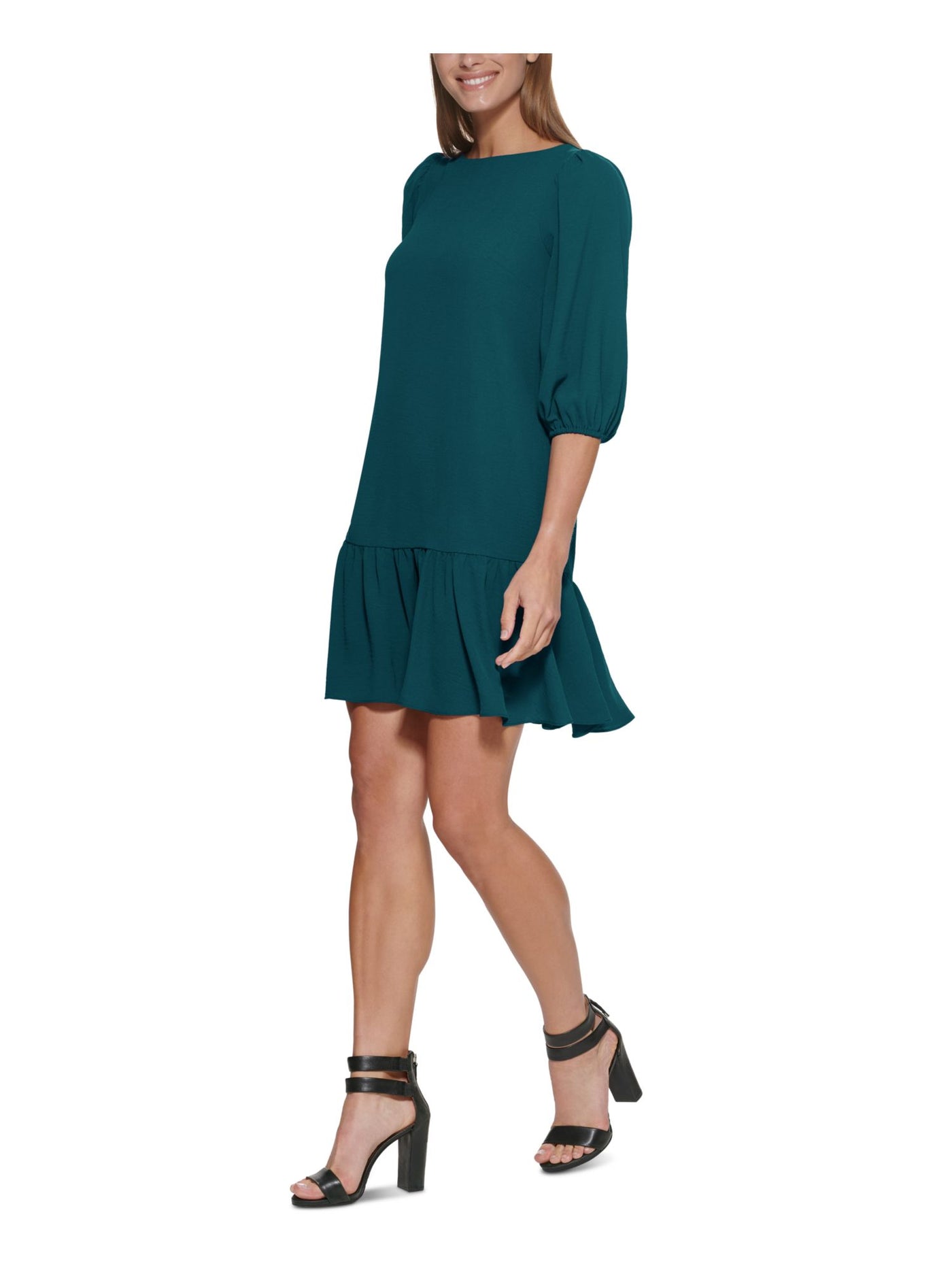 DKNY Womens Green Textured Zippered Ruffled Hem Elbow Sleeve Jewel Neck Above The Knee Wear To Work Shift Dress 8