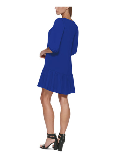 DKNY Womens Blue Stretch Textured Zippered Ruffled Hem Blouson Sleeve Jewel Neck Above The Knee Trapeze Dress 2