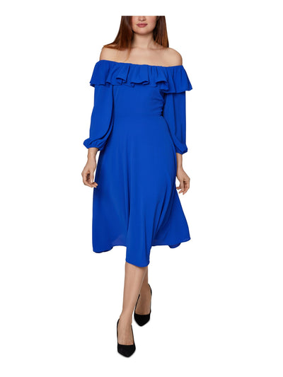 BCBGENERATION Womens Blue Stretch Ruffled Long Sleeve Midi Evening Fit + Flare Dress 0