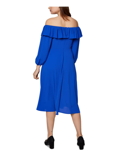 BCBGENERATION Womens Blue Stretch Ruffled Long Sleeve Midi Evening Fit + Flare Dress 6