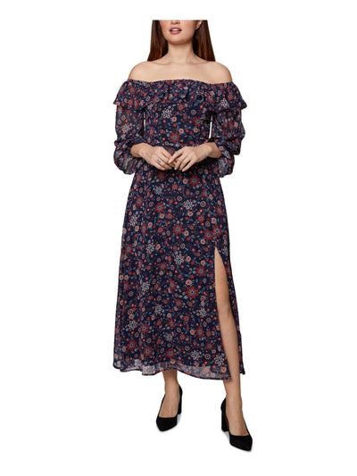 BCBGENERATION Womens Navy Ruffled Zippered Side Slit  Lined Floral 3/4 Sleeve Off Shoulder Maxi Fit + Flare Dress 4
