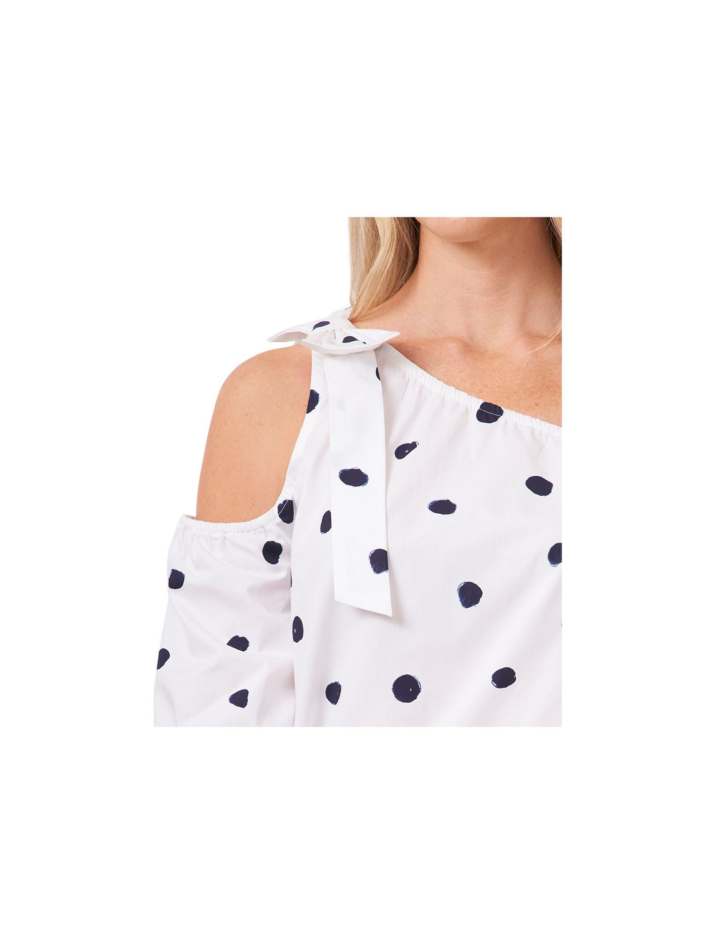 CECE Womens Beige Cold Shoulder Polka Dot Blouson Sleeve Asymmetrical Neckline Top S
