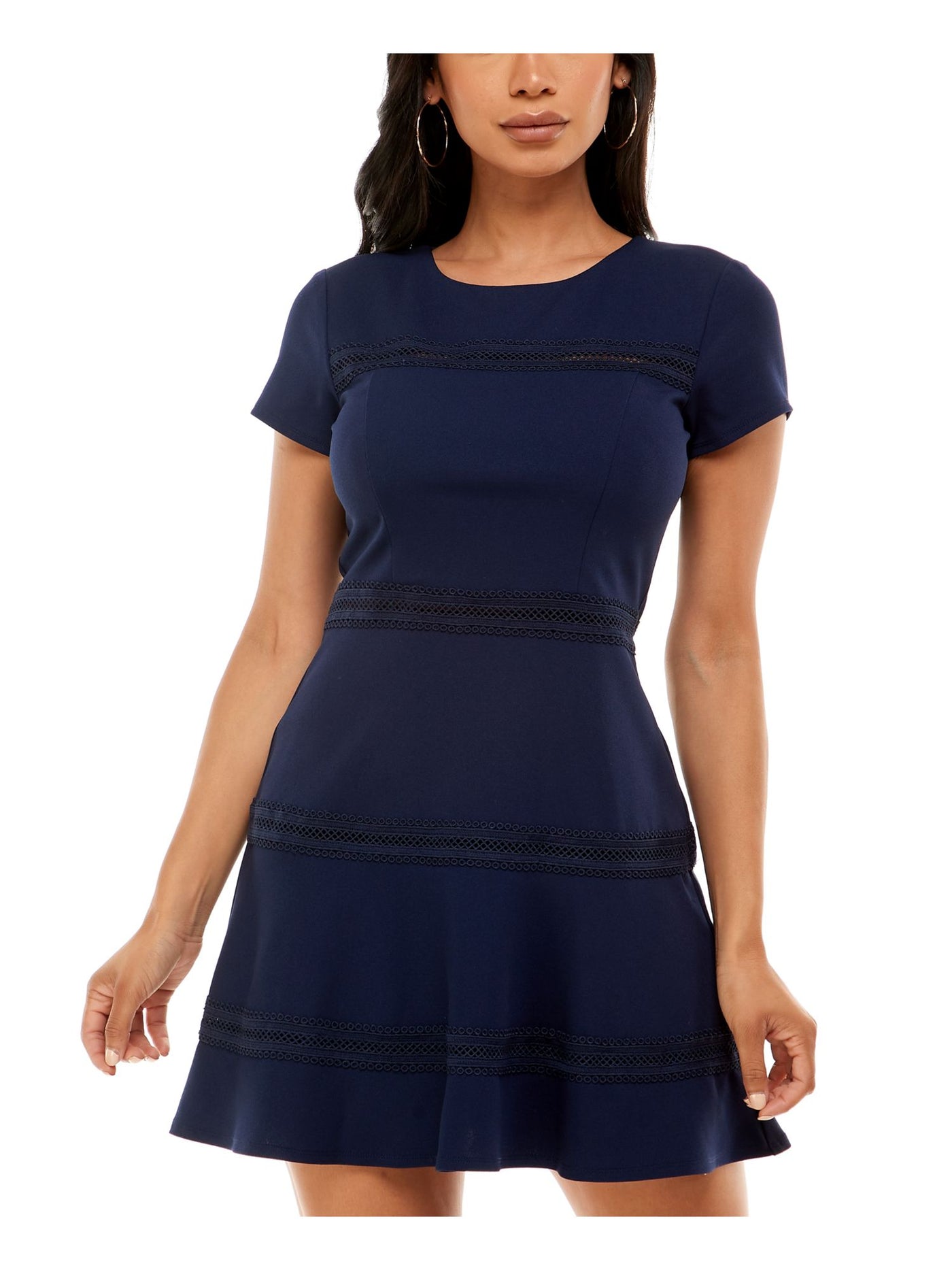 B DARLIN Womens Navy Stretch Zippered Lace-trim Scuba Crepe Short Sleeve Round Neck Mini Fit + Flare Dress 3\4