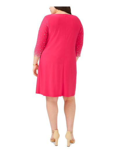 MSK Womens Pink Stretch Embellished Unlined Pullover Styling 3/4 Sleeve Scoop Neck Knee Length Evening Sheath Dress Plus 1X