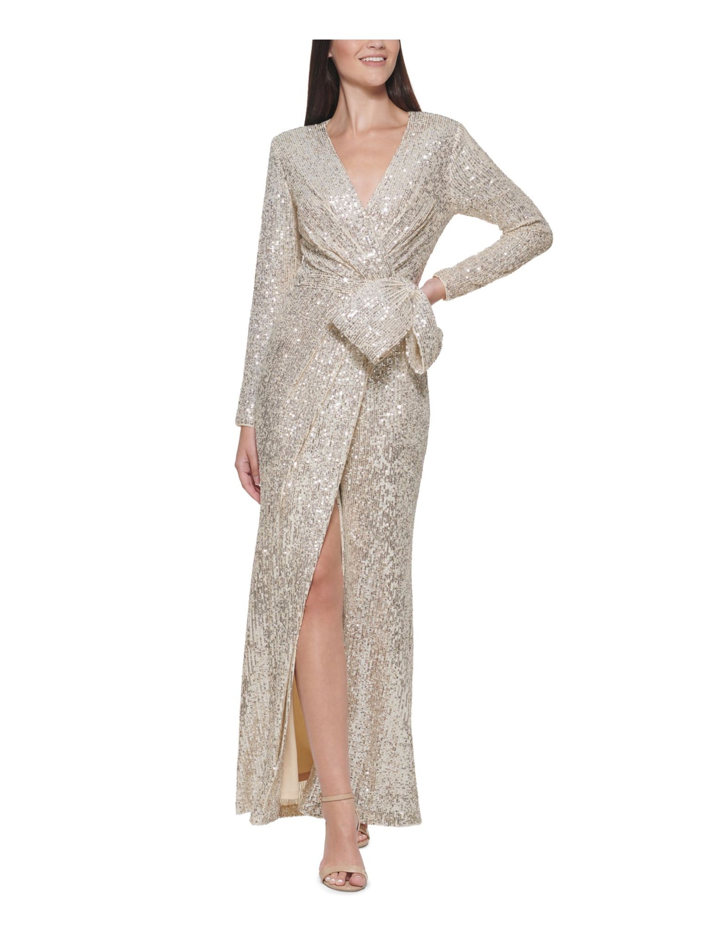 ELIZA J Womens Beige Sequined Slitted Bow Zippered Long Sleeve V Neck Tea-Length Evening Gown Dress Petites 12P