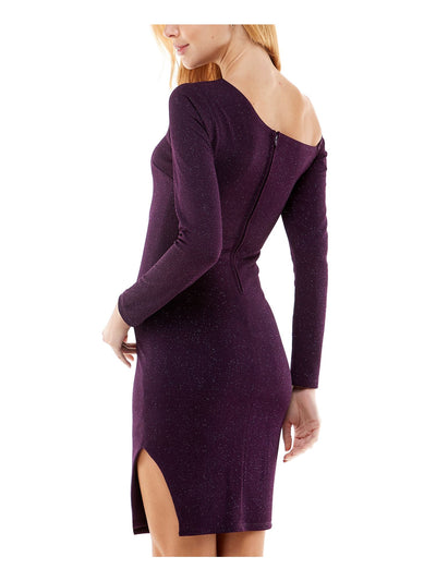 CITY STUDIO Womens Purple Glitter Zippered Long Sleeve Asymmetrical Neckline Above The Knee Cocktail Body Con Dress XXS