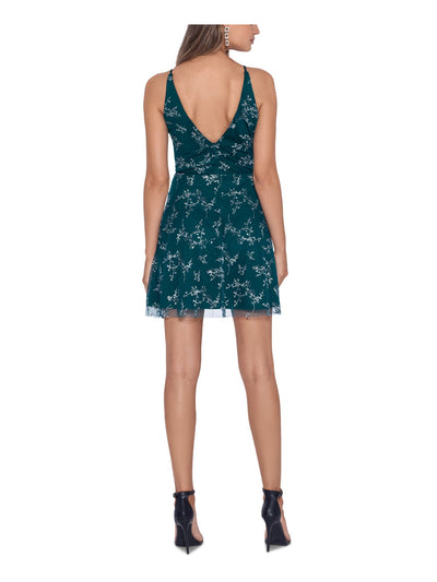 BLONDIE NITES Womens Green Embellished Zippered Sleeveless V Neck Short Party Fit + Flare Dress Juniors 13