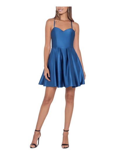BLONDIE NITES Womens Blue Zippered Pleated Strappy-back Illusion Spaghetti Strap Sweetheart Neckline Short Party Fit + Flare Dress 13