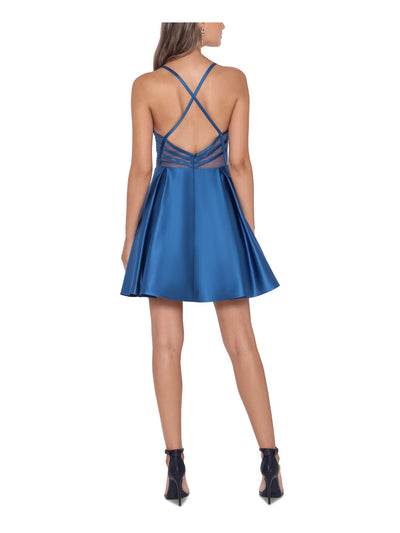 BLONDIE NITES Womens Blue Zippered Pleated Strappy-back Illusion Spaghetti Strap Sweetheart Neckline Short Party Fit + Flare Dress Juniors 13
