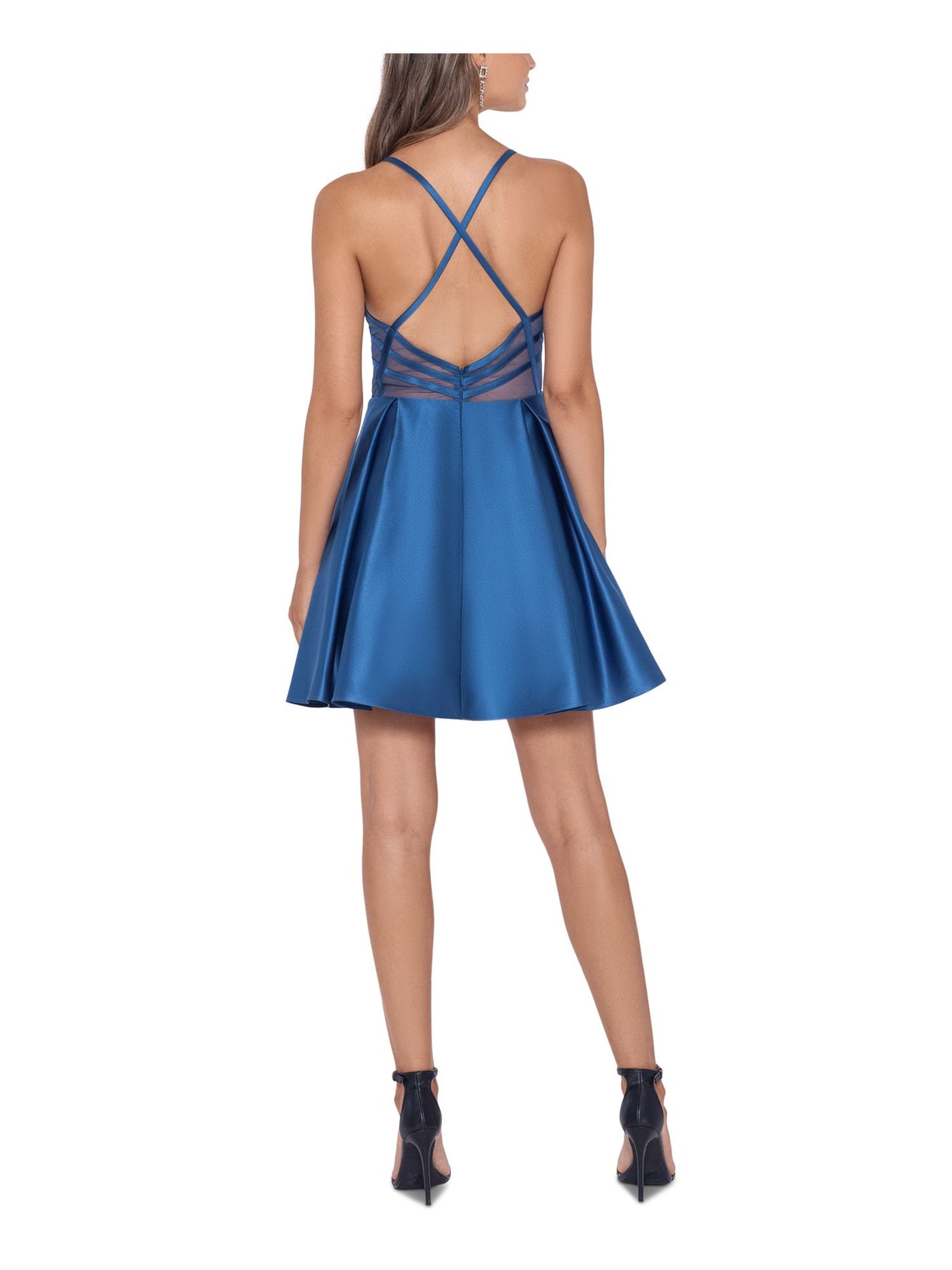 BLONDIE NITES Womens Blue Zippered Pleated Strappy-back Illusion Spaghetti Strap Sweetheart Neckline Short Party Fit + Flare Dress 13