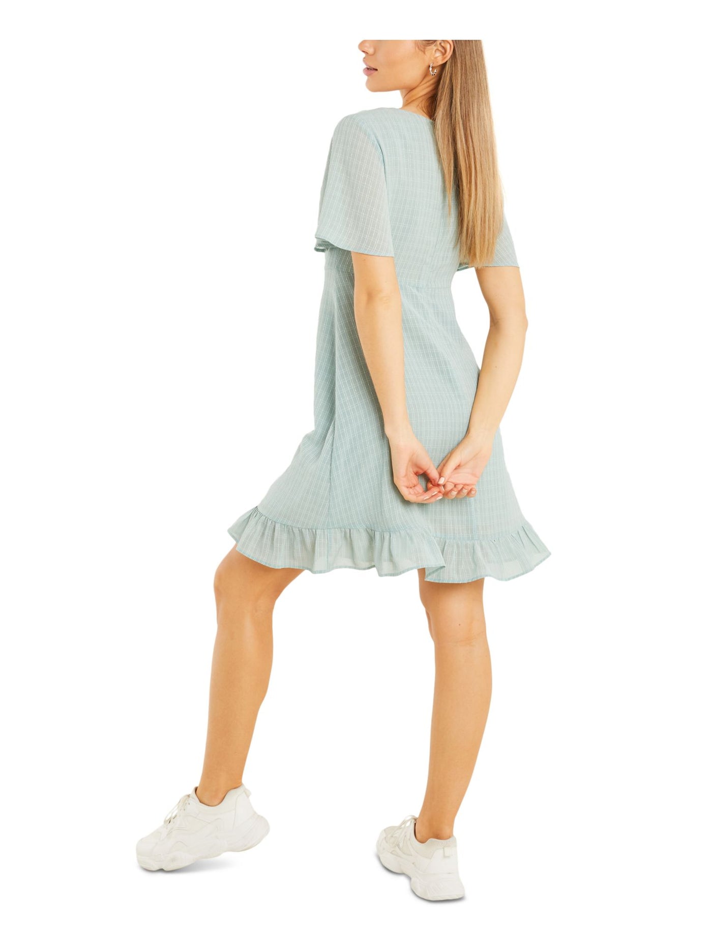 QUIZ Womens Green Zippered Gathered Ruffled Lined Flutter Sleeve Round Neck Above The Knee Fit + Flare Dress Juniors 8