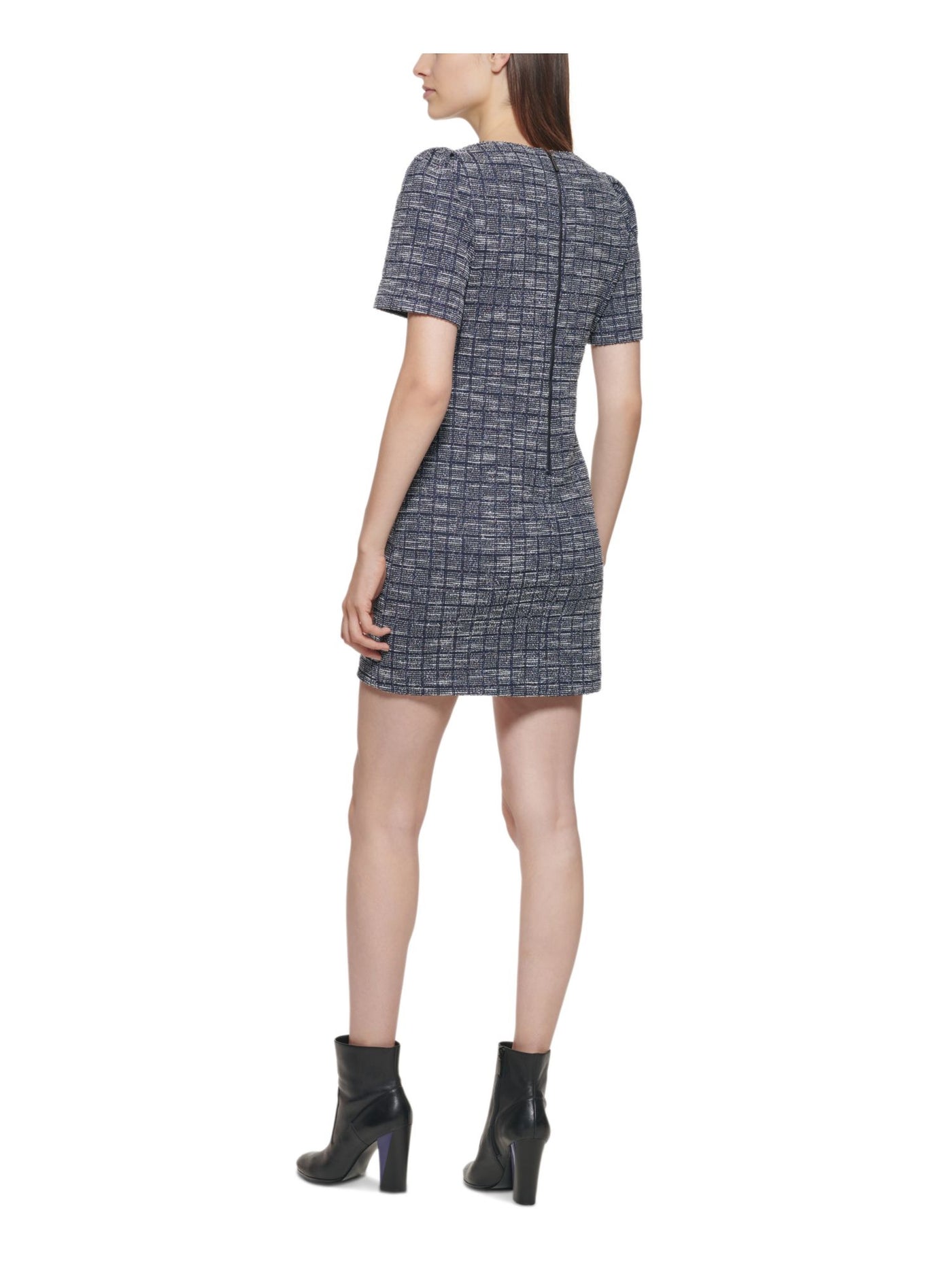 CALVIN KLEIN Womens Navy Zippered Unlined Tweed Short Sleeve Round Neck Above The Knee Party Sheath Dress 12