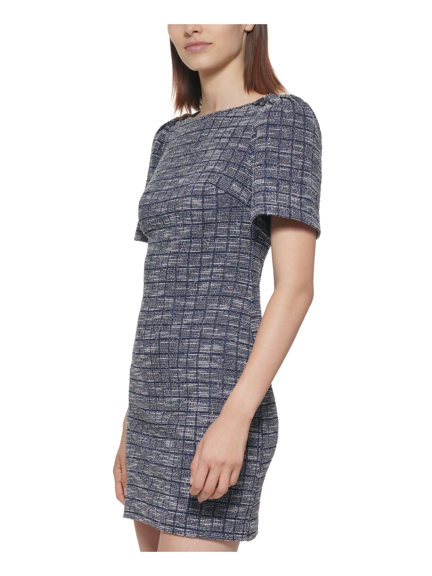 CALVIN KLEIN Womens Zippered Unlined Tweed Short Sleeve Round Neck Above The Knee Party Sheath Dress