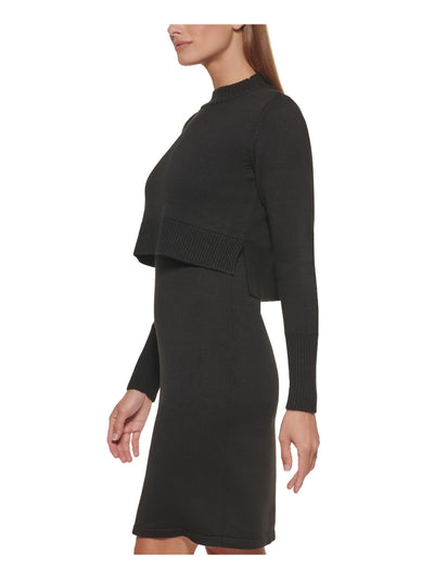 CALVIN KLEIN Womens Black Knit Textured Ribbed Popover Style Long Sleeve Mock Neck Above The Knee Wear To Work Sweater Dress Petites PXL