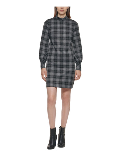 CALVIN KLEIN Womens Gray Zippered 3 Button Cuff Plaid Cuffed Sleeve Mock Neck Short Shift Dress Petites 4P