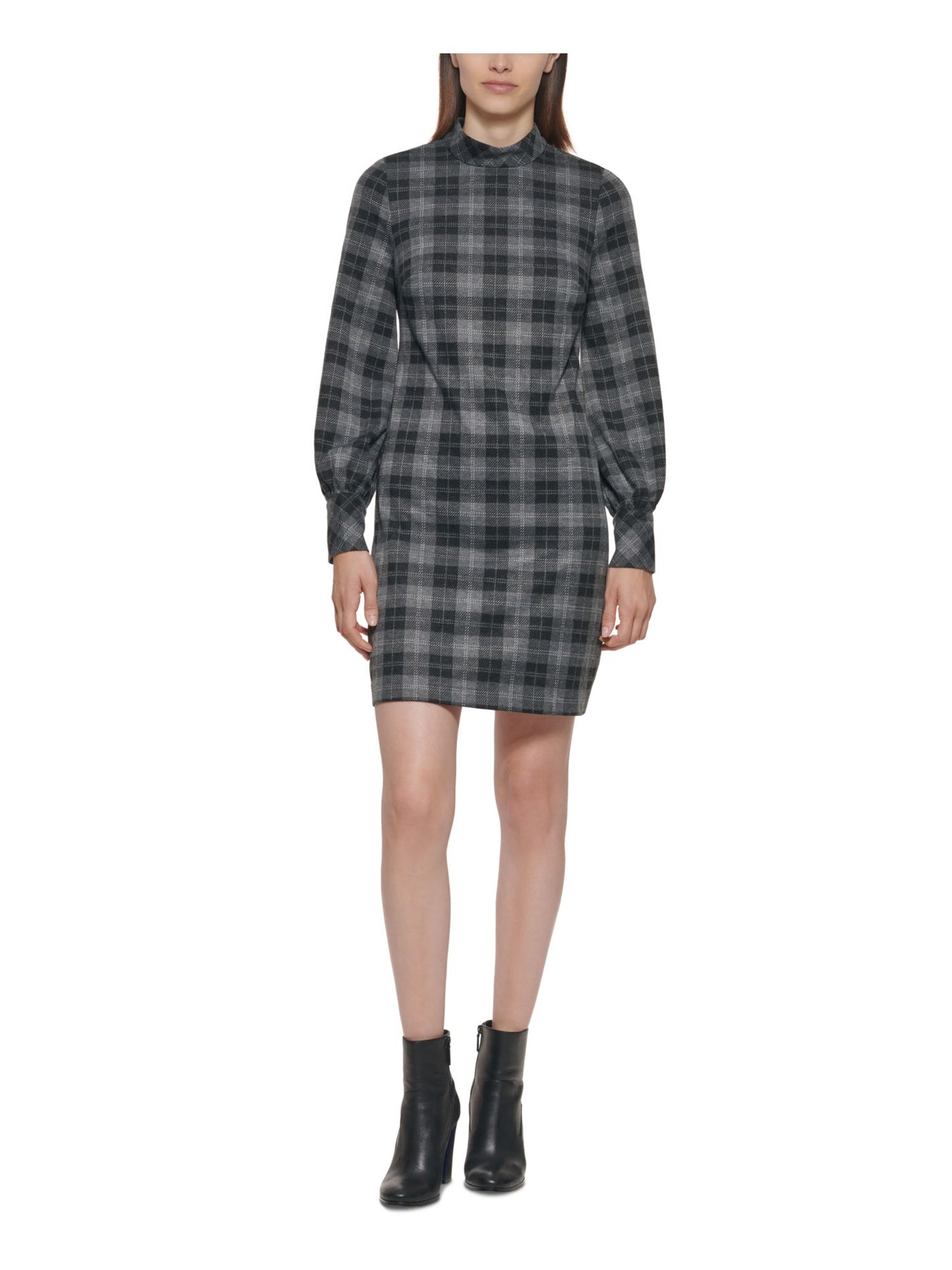 CALVIN KLEIN Womens Gray Zippered 3 Button Cuff Plaid Cuffed Sleeve Mock Neck Short Shift Dress Petites 12P