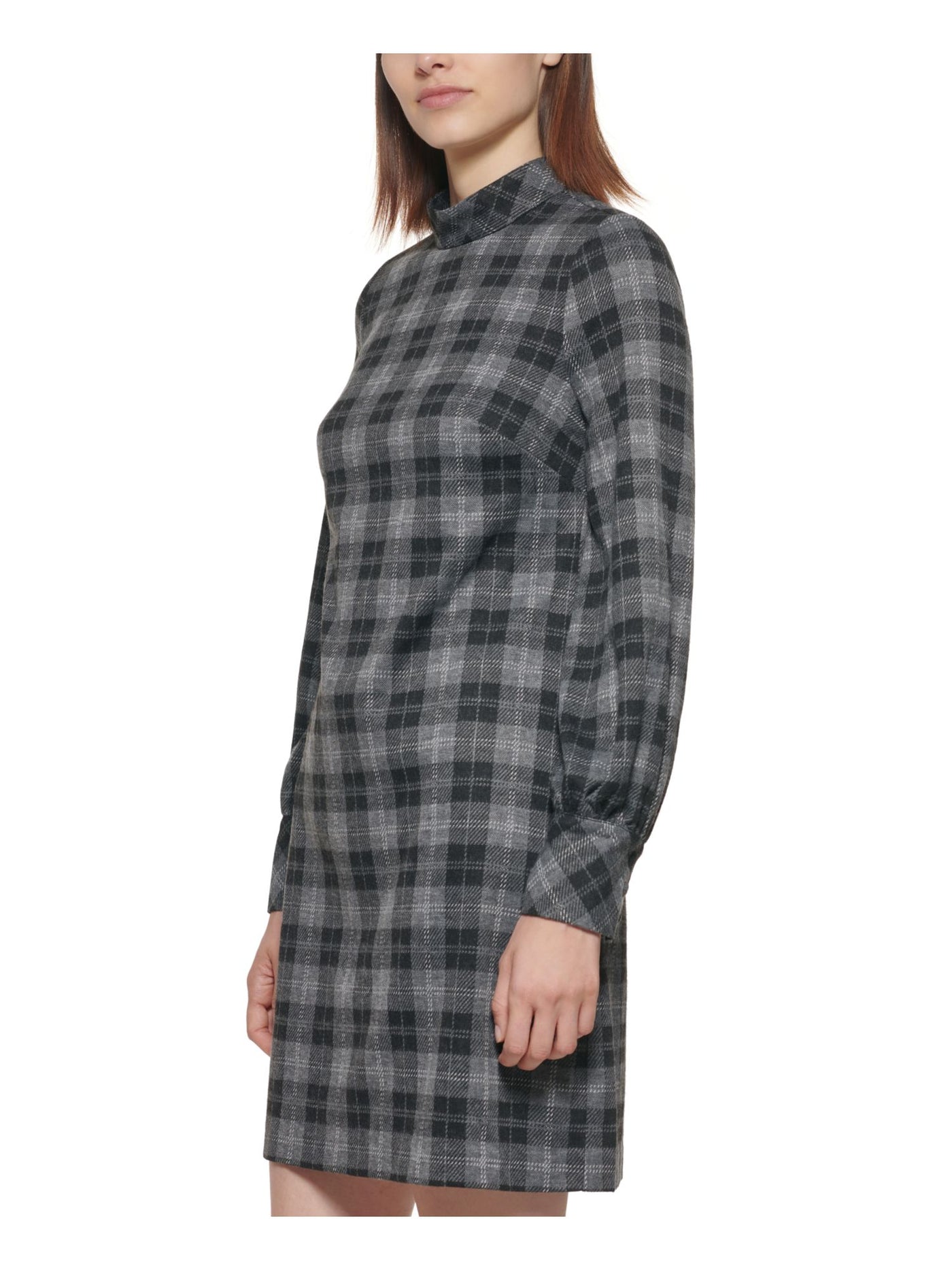 CALVIN KLEIN Womens Gray Zippered 3 Button Cuff Plaid Cuffed Sleeve Mock Neck Short Shift Dress Petites 8P