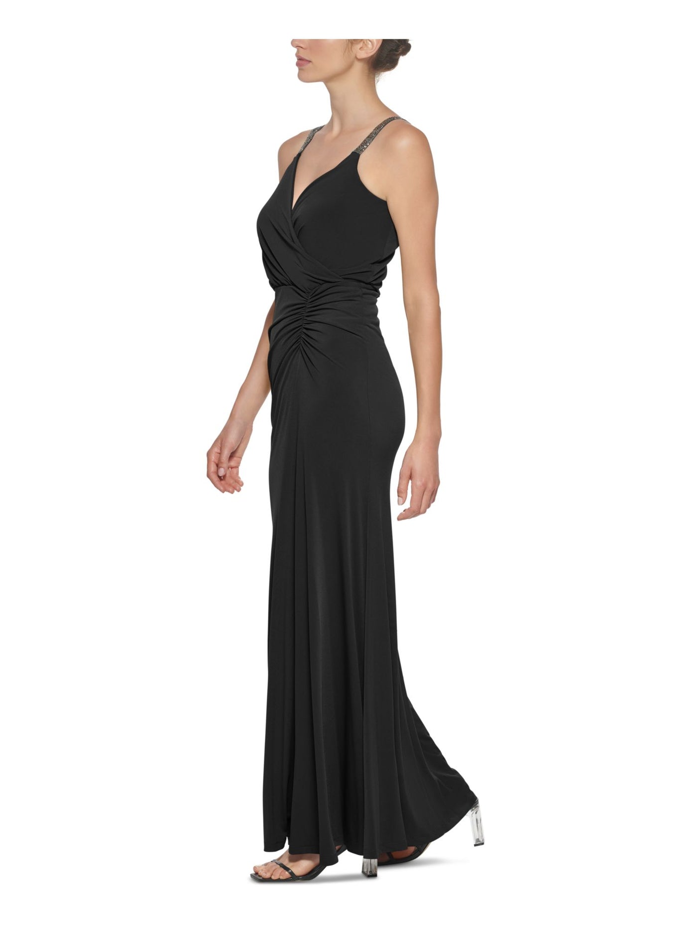 CALVIN KLEIN Womens Black Stretch Ruched Zippered Embellished Straps Jersey-knit Sleeveless Surplice Neckline Full-Length Formal Gown Dress 2