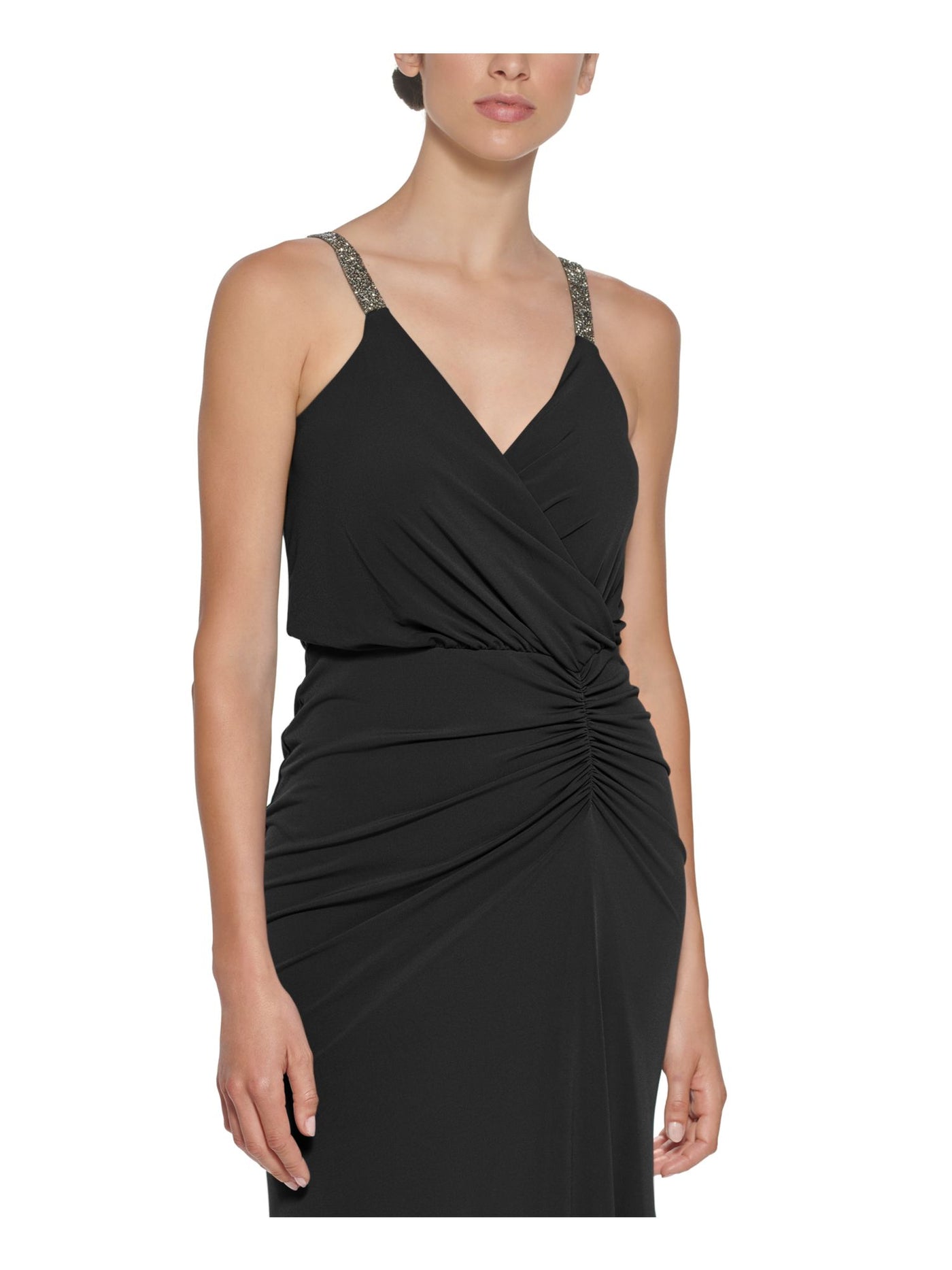 CALVIN KLEIN Womens Black Stretch Ruched Zippered Embellished Straps Jersey-knit Sleeveless Surplice Neckline Full-Length Formal Gown Dress 2